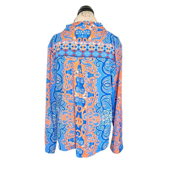 Y2k Womens Blouse Paisley Plus Sz 2XL V Neckline 3/4 Button Tab Artsy Colorful - Picture 3 of 13